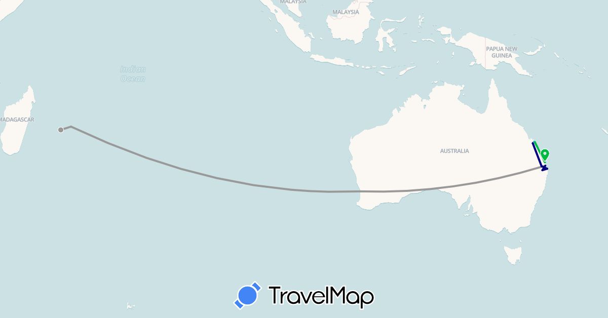 TravelMap itinerary: driving, bus, plane, boat in Australia, France, Mauritius (Africa, Europe, Oceania)